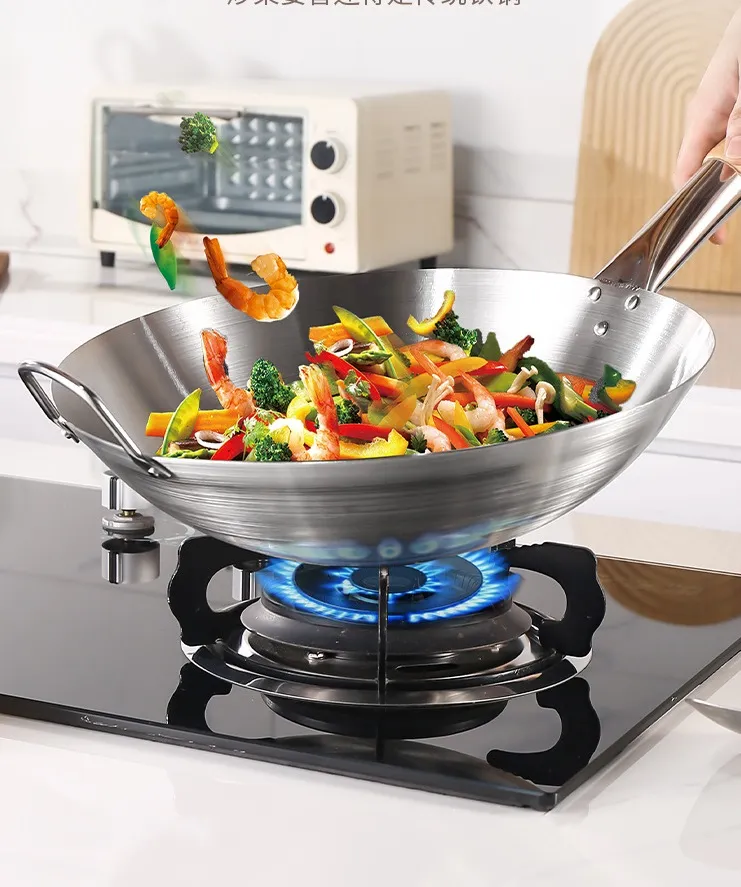 Stainless Steel Wok with Long Wooden Handle