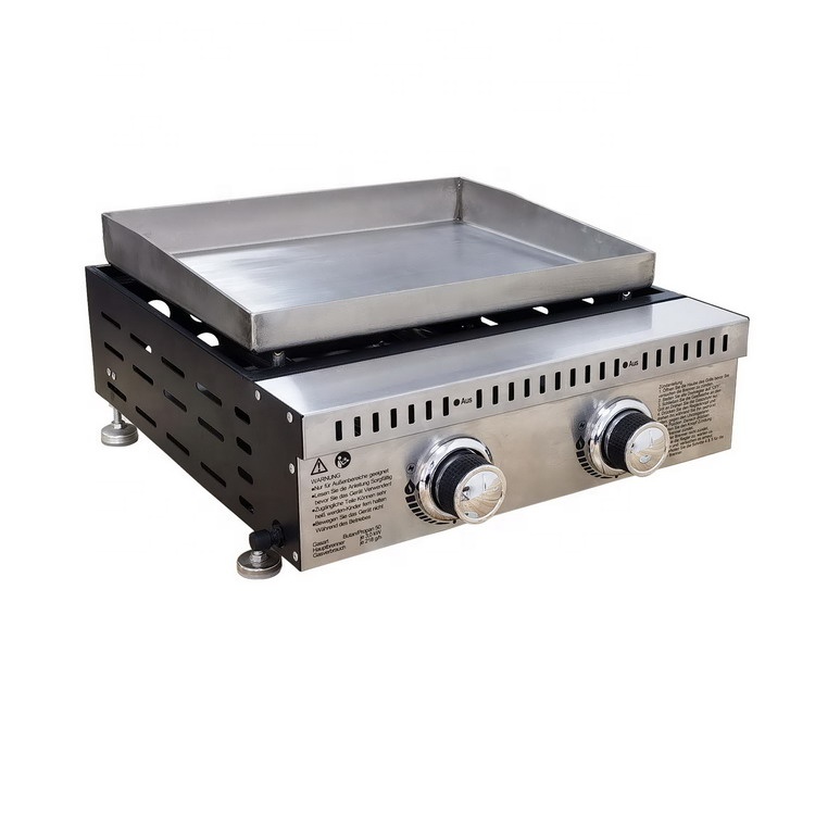 CE LFGB Portable SUS304 Stainless Steel 2 Burner Propane Gas Griddle Griddle Grill French Gas Plancha Grill