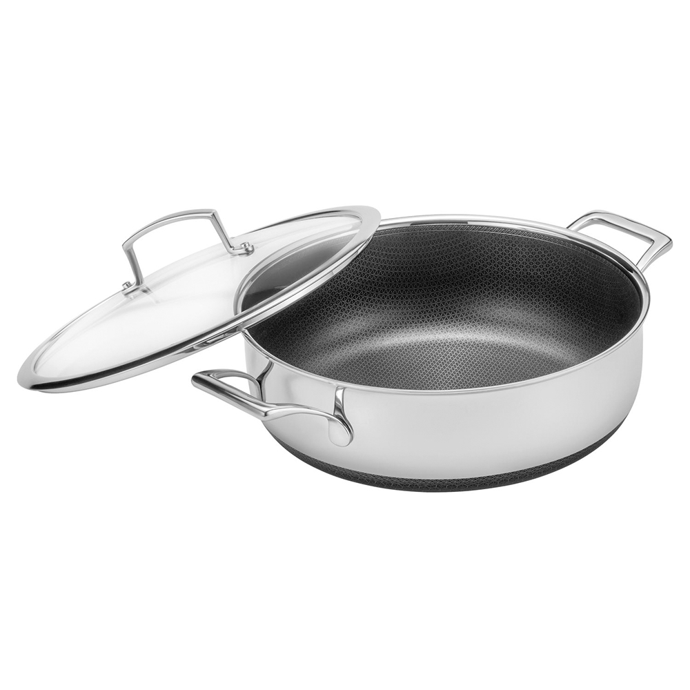 Tri-ply 304 Stainless Steel Fry Pan Cooking Saut&eacute; Pan Honeycomb Pan Soup Pot with Glass Lid and Double Ear for Kitchen Use