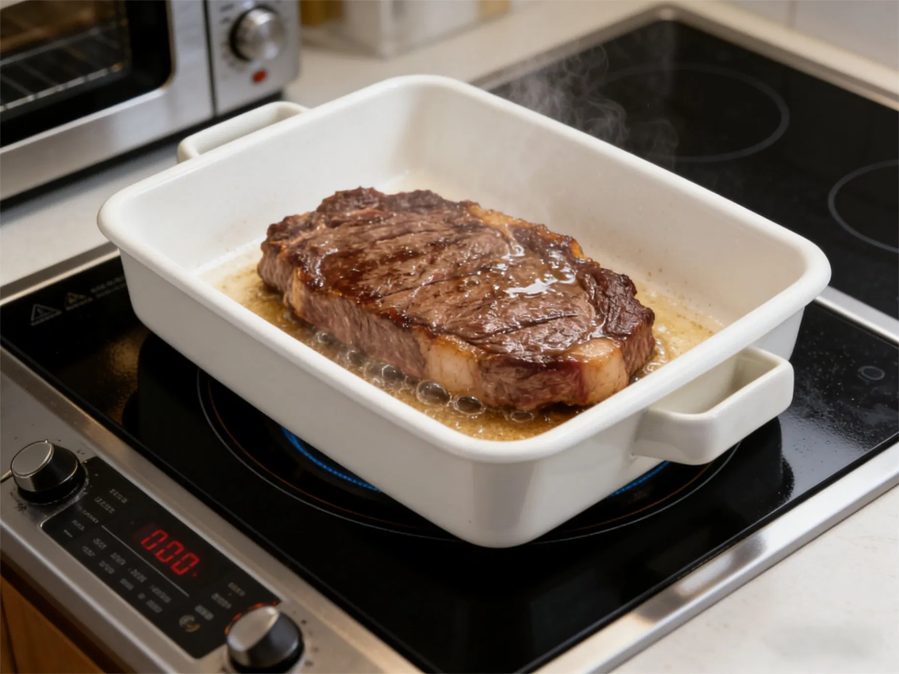 1.08L Enamel Baking Pan with Handles and PE Cap, Roasting Tray for Oven Safe Baking Roasting Grilling Serving Home Kitchen Restaurant Use