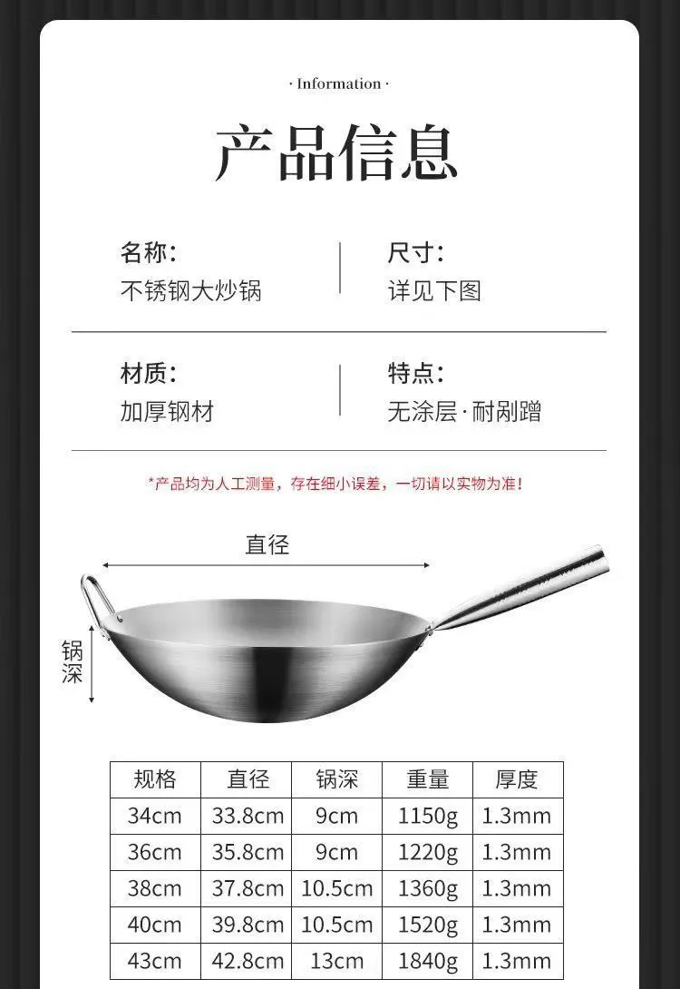 Stainless Steel Wok - Double Handle Round Bottom Pan