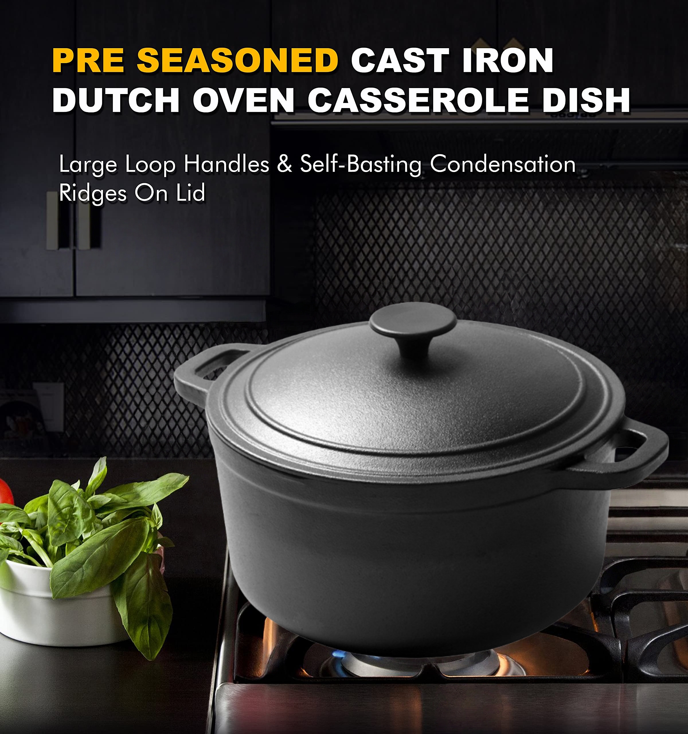 20cm Cast Iron Casserole Dutch Oven 3.5kg 3.1L Stock Pot with Tight Fitting Lid for Frying Cooking and Baking