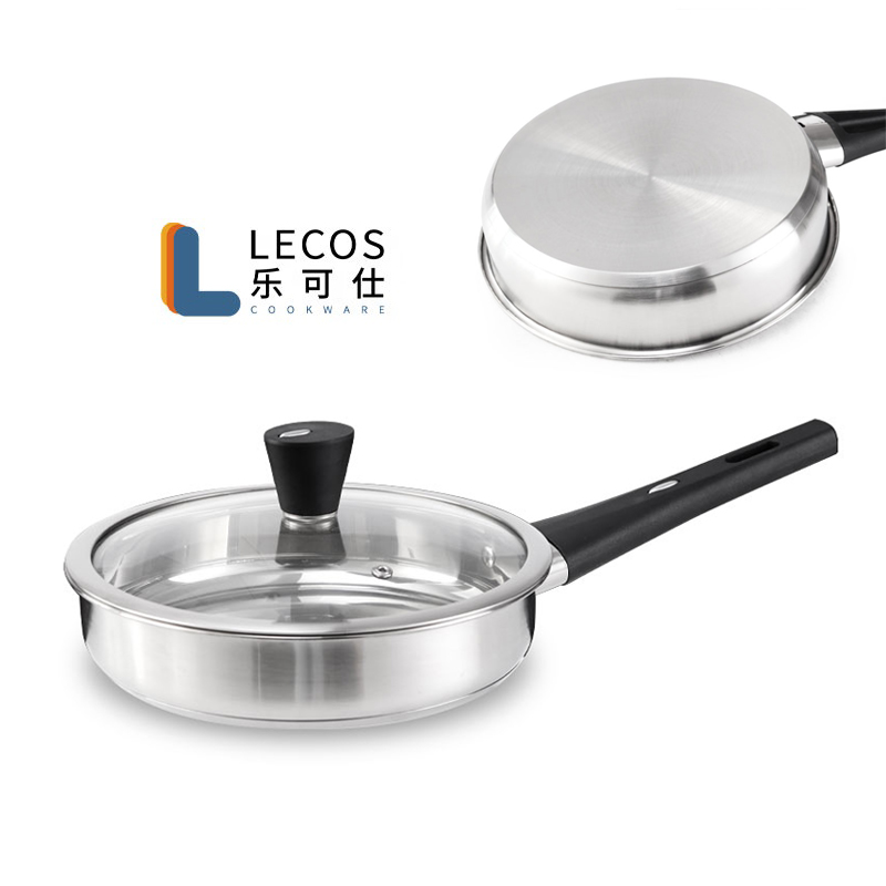 LECOS Factory Sale Compatible Cooktops Induction Fry Cooking Cooker Pot Stainless Steel Frypan with Glass Lids