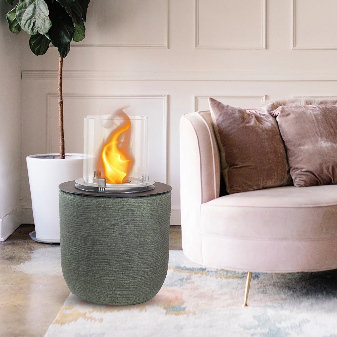Garden bioethanol brazier fireplace from the ground for indoor outdoor RAFFAELLO Sage green dia. 35 x height 55 cm made in italy