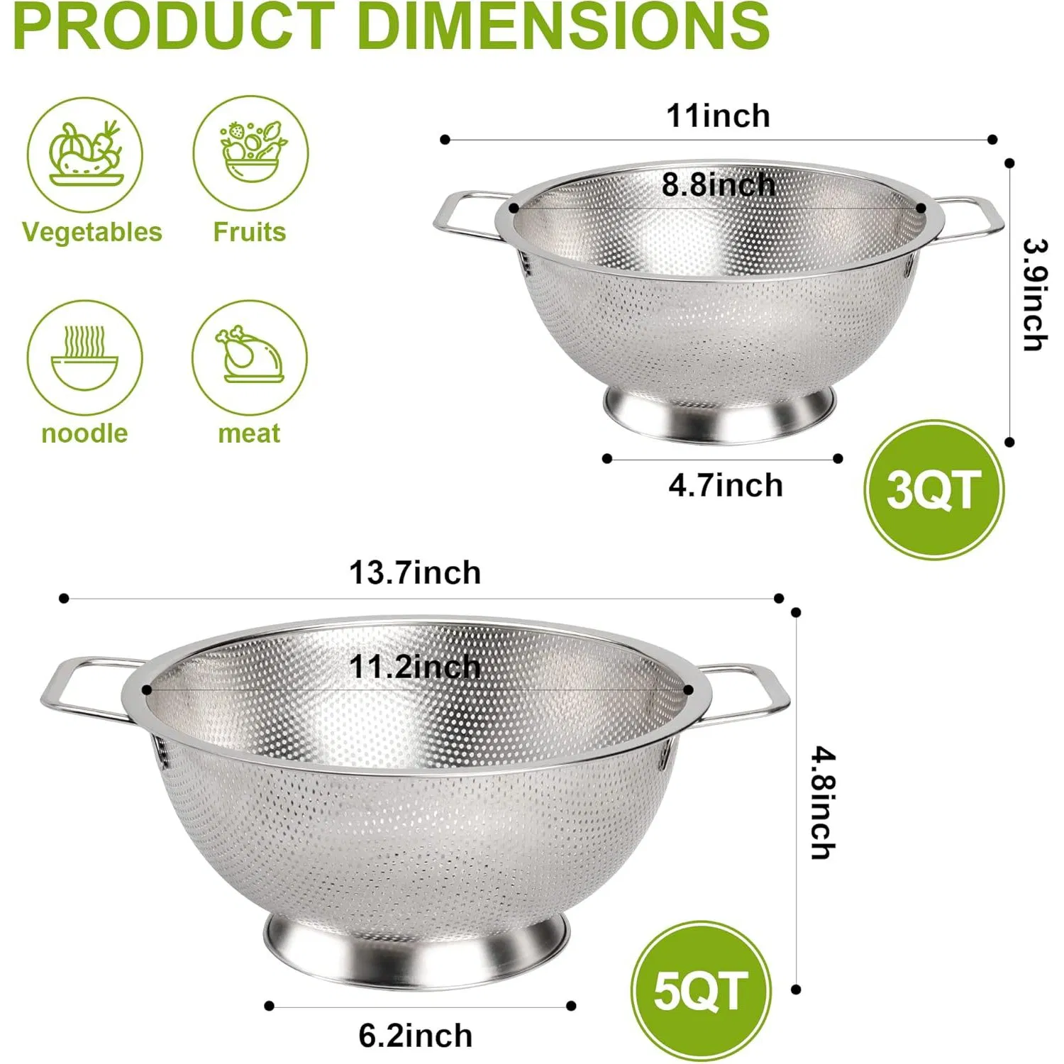 Stainless Steel Colander for Kitchen Food