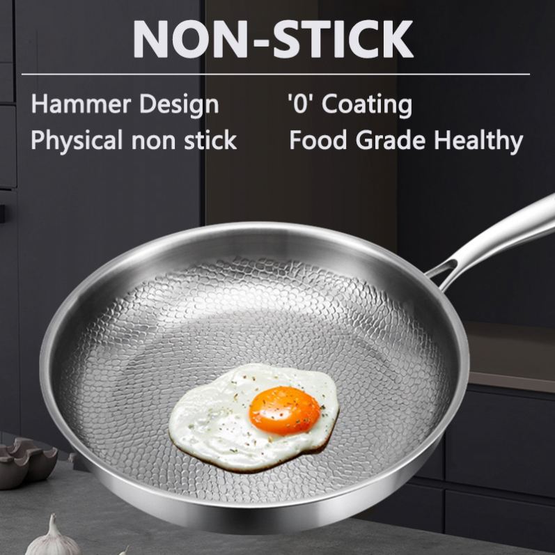 Modern Eco-Friendly 304 Stainless Steel Hammered Frying Pan Titanium Reinforced Physical Non-Stick No Coating Dishwasher Safe