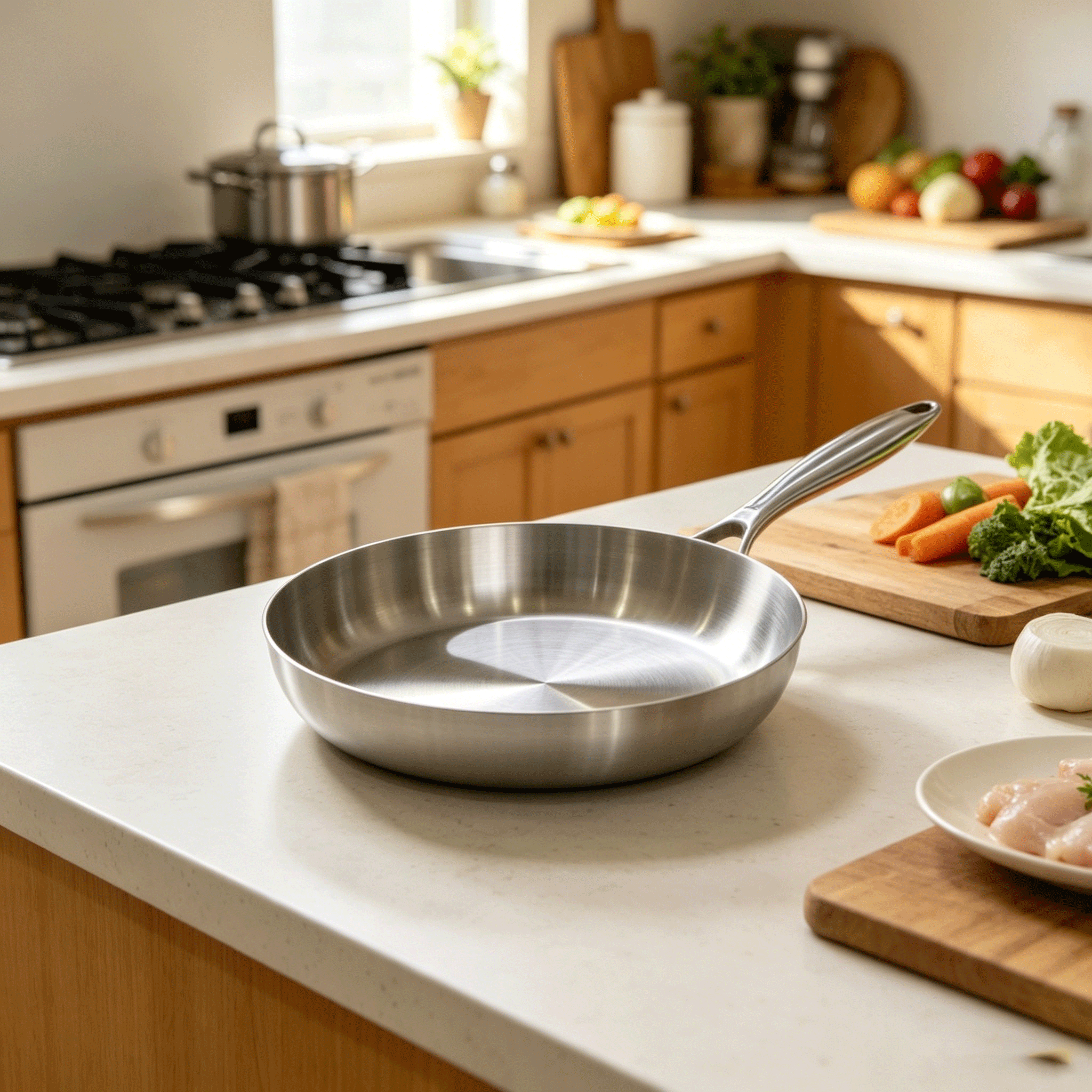 FLEY Commercial Sufuria Non Stick Frying Pan Tri-Ply Stainless Steel 4 In 1 Kitchen Skillet With Handle For Daily Cooking