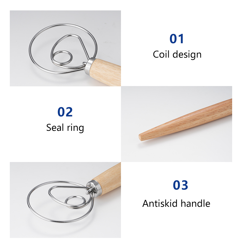 Custom Eco-Friendly Stainless Steel Kitchen Baking Dutch Style Bread Long Wooden Handle Danish Dough Whisk Dishwasher Safe Oven