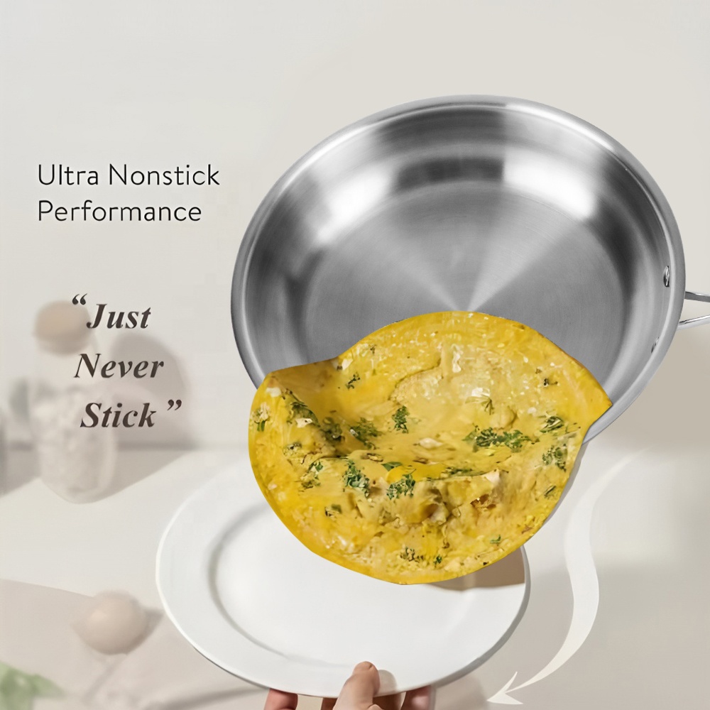 PFOA/PTFE Free Tri-Ply Stainless Steel Pan Skillet Non Toxic 3-ply Stainless Steel Frying Pan Induction/Oven/Dishwasher Safe