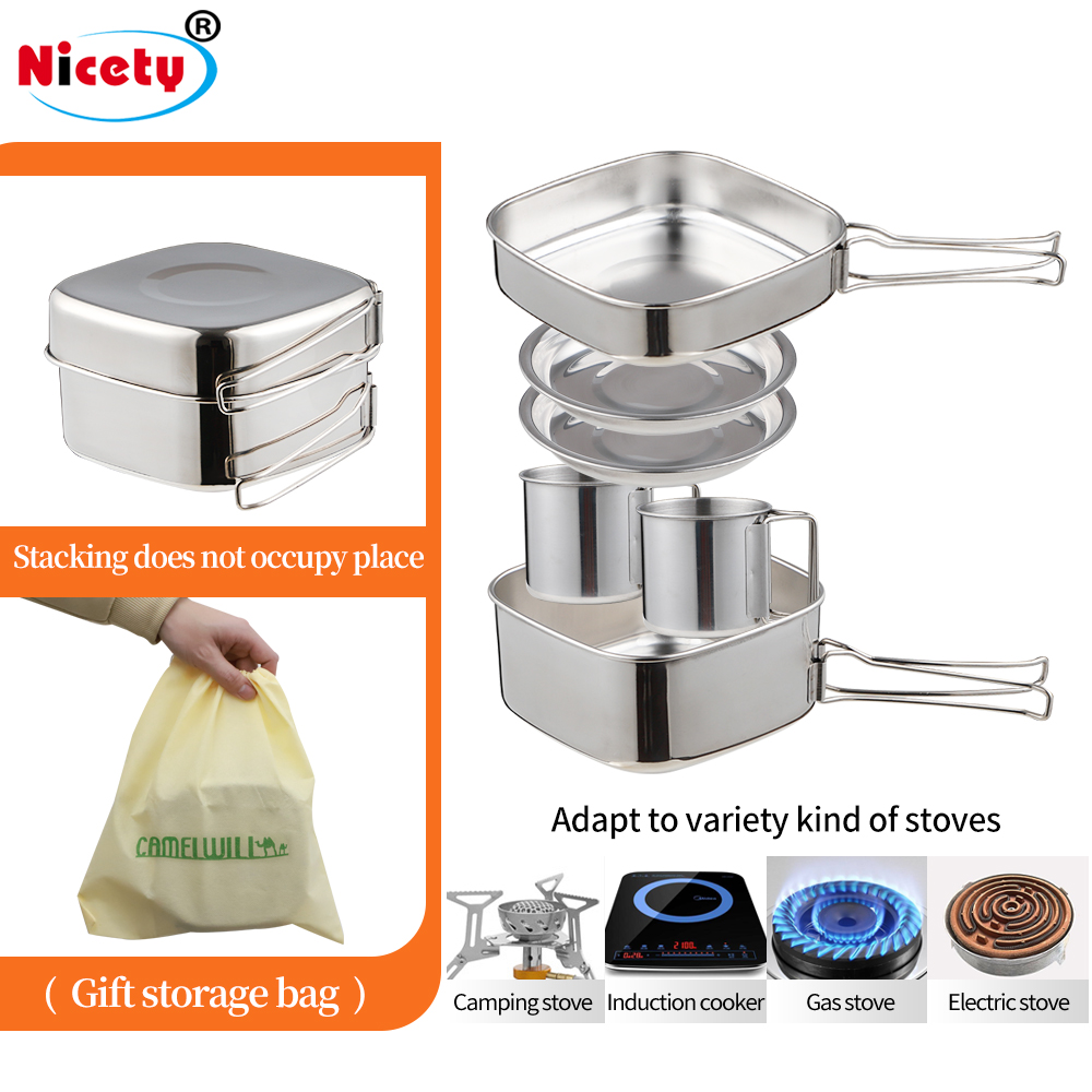 Eco-friendly Portable Stainless Steel Folding Cookware Set for Outdoor Camping Frying Pans Travel Friendly
