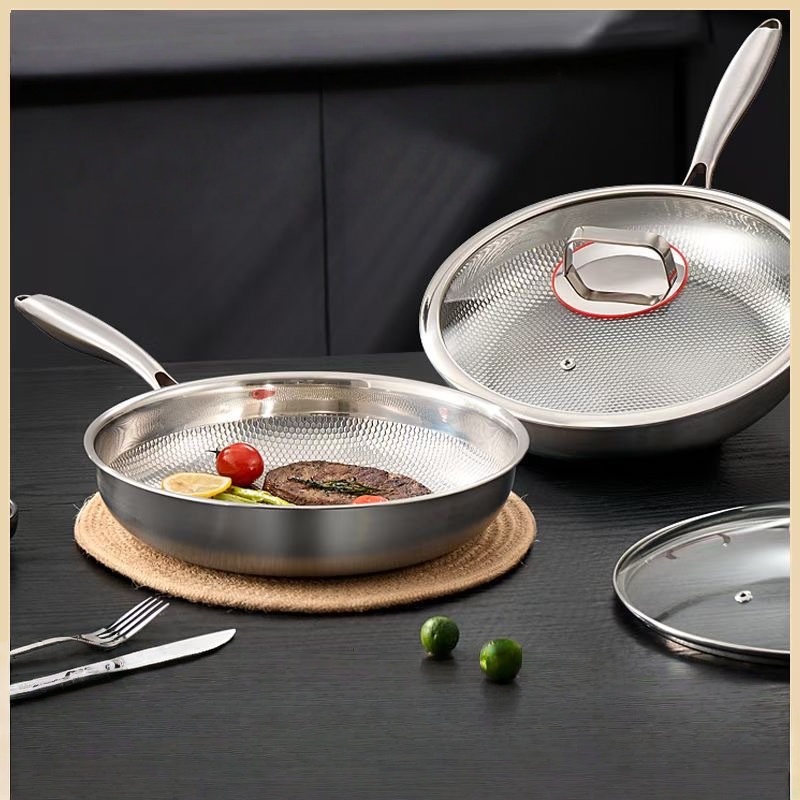 Professional Tri-Ply 304 Stainless Steel Hammered Pan Flat Bottom Nonstick Skillet Glass Lid Easy Clean Hand Wash Only All