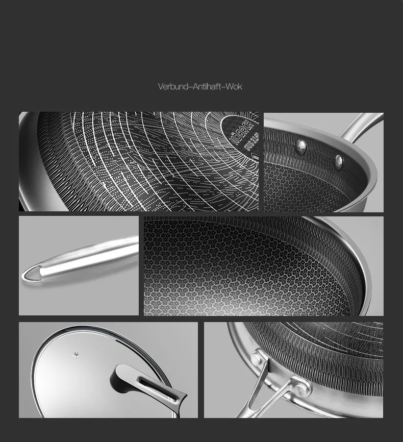 Double Sided Honeycomb 316 Stainless Steel Wok Induction Stove 32cm Cooking Wok