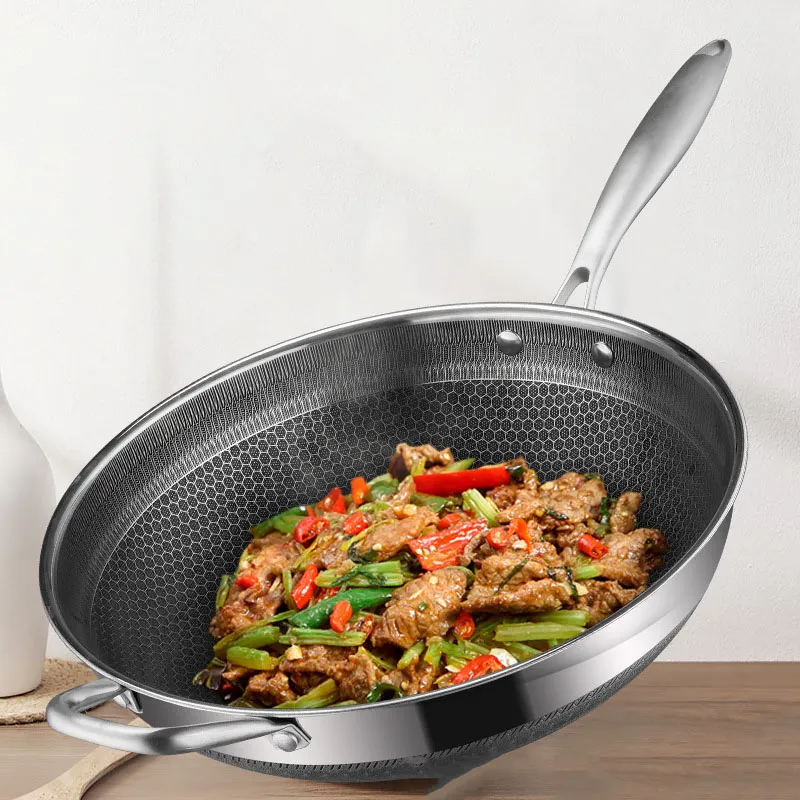 Double Sided Honeycomb Frying Pan Non Stick Stainless Steel Cookware Wok