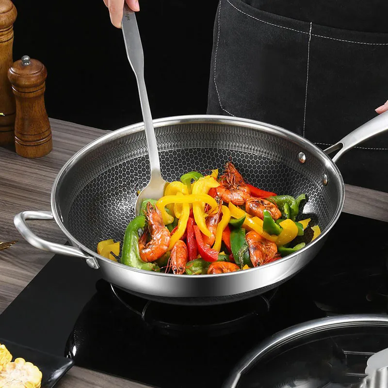 Double Sided Honeycomb Frying Pan Non Stick Stainless Steel Cookware Wok