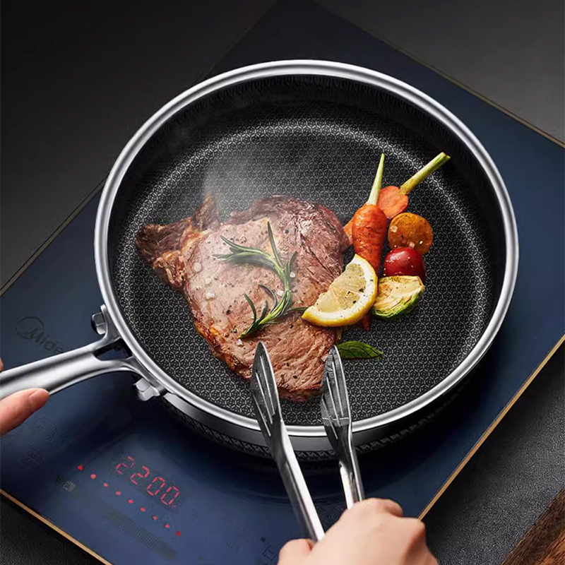 Factory Direct 304 Three Layer Stainless Steel Honeycomb Frying Pan Nonstick Wok Pan