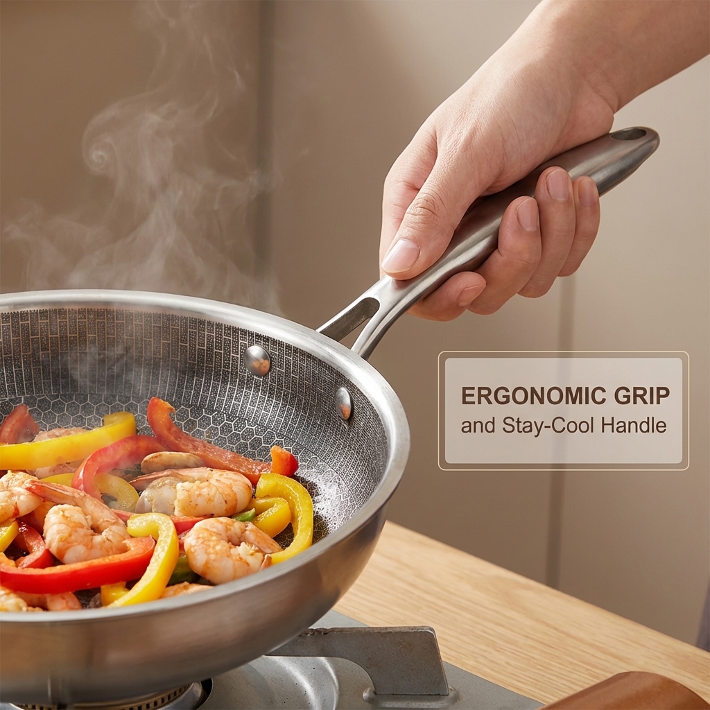FLEY 304 Tri-ply Stainless Steel Honeycomb Wok Pan Non-stick Induction Skillet With Cool Handle For Eggs Steaks Daily Cooking