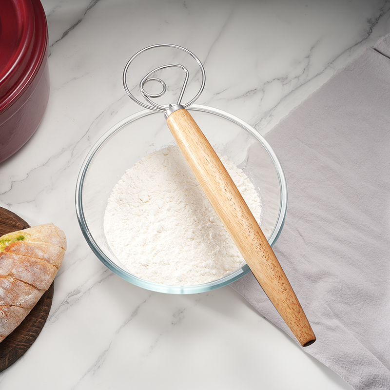 Custom Eco-Friendly Stainless Steel Kitchen Baking Dutch Style Bread Long Wooden Handle Danish Dough Whisk Dishwasher Safe Oven