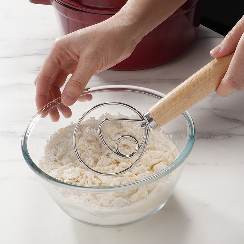 Custom Eco-Friendly Stainless Steel Kitchen Baking Dutch Style Bread Long Wooden Handle Danish Dough Whisk Dishwasher Safe Oven