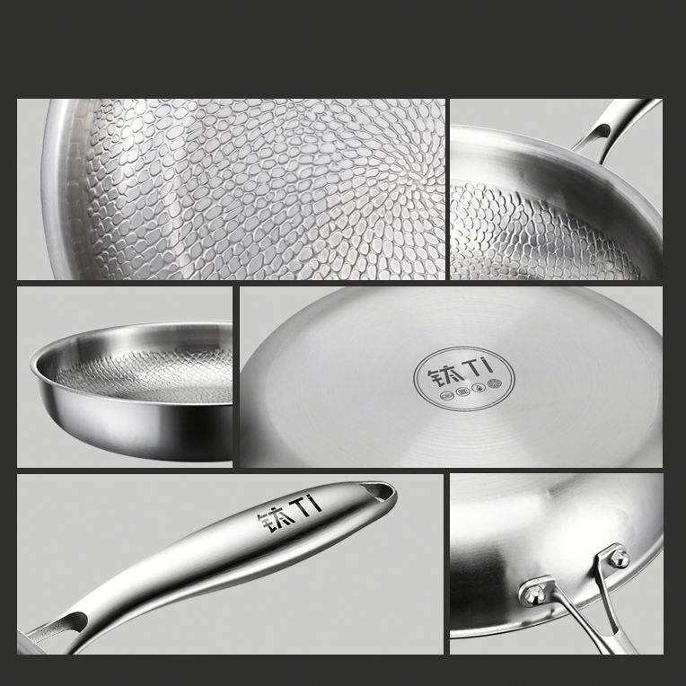 Modern Eco-Friendly 304 Stainless Steel Hammered Frying Pan Titanium Reinforced Physical Non-Stick No Coating Dishwasher Safe