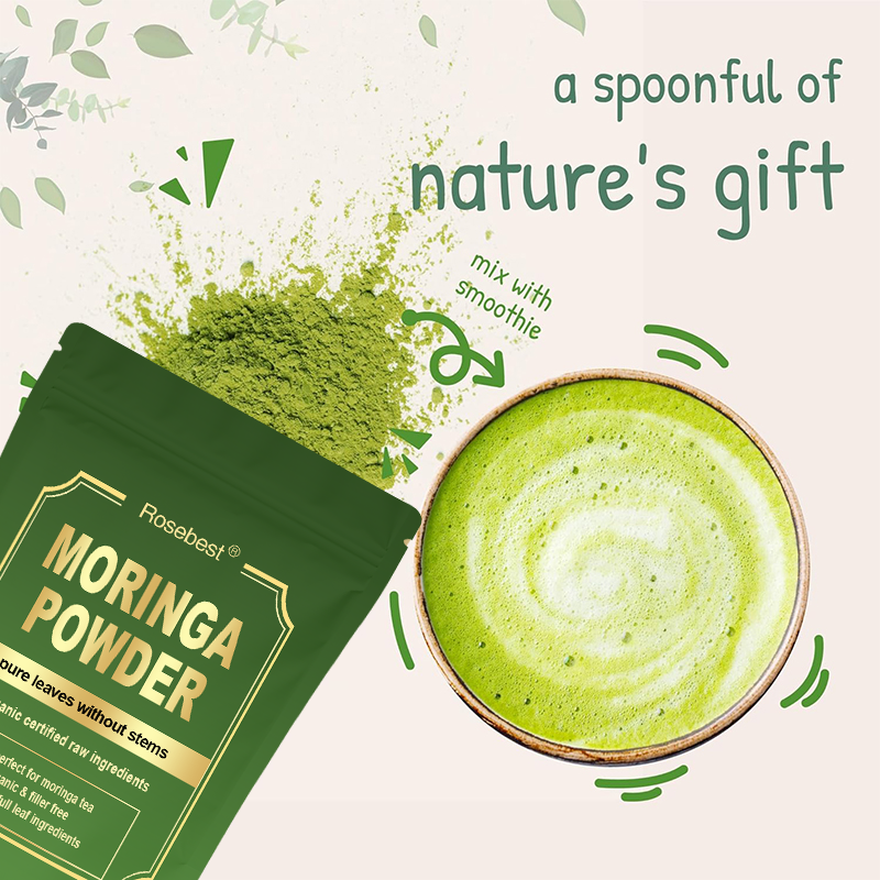 Rosebest China Supplier Wholesale Bulk OEM Private Label Flavoured Organic Pure Moringa Leaf Extract Powder Supplement in Bag