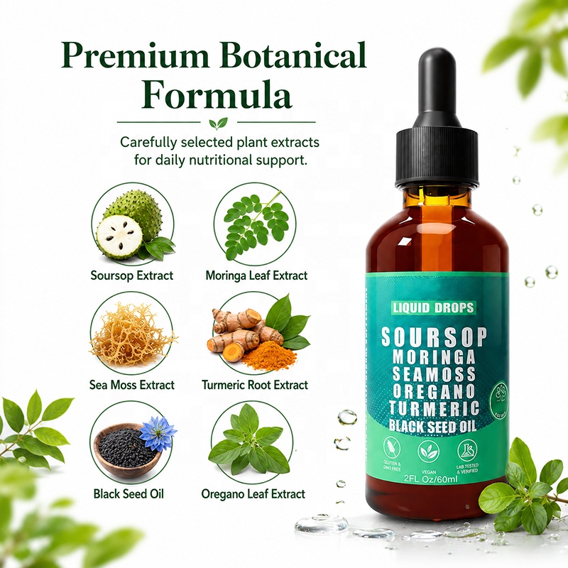 Custom Bulk Order Private Label Soursop Moringa Liquid Drops Dietary Supplement with Seamoss, Oregano, Turmeric &amp; Black Seed Oil