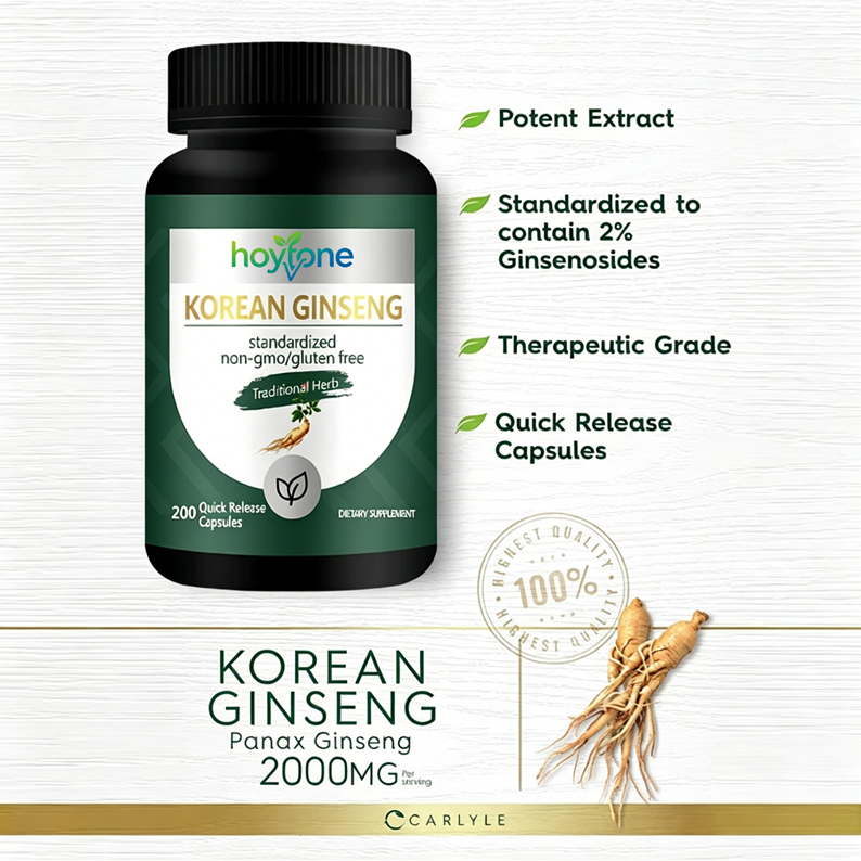 OEM Custom Korean Ginseng Capsules 2000mg Standardized Panax Ginseng Extract for Energy Vitality Immunity Support Supplement