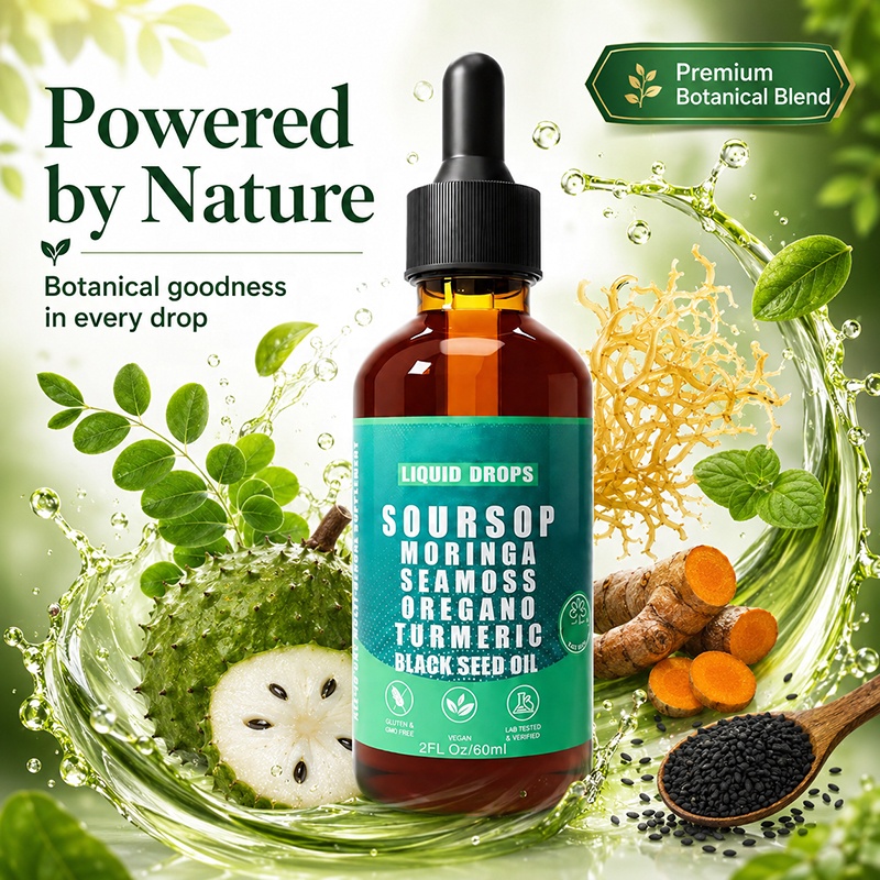 Custom Bulk Order Private Label Soursop Moringa Liquid Drops Dietary Supplement with Seamoss, Oregano, Turmeric &amp; Black Seed Oil