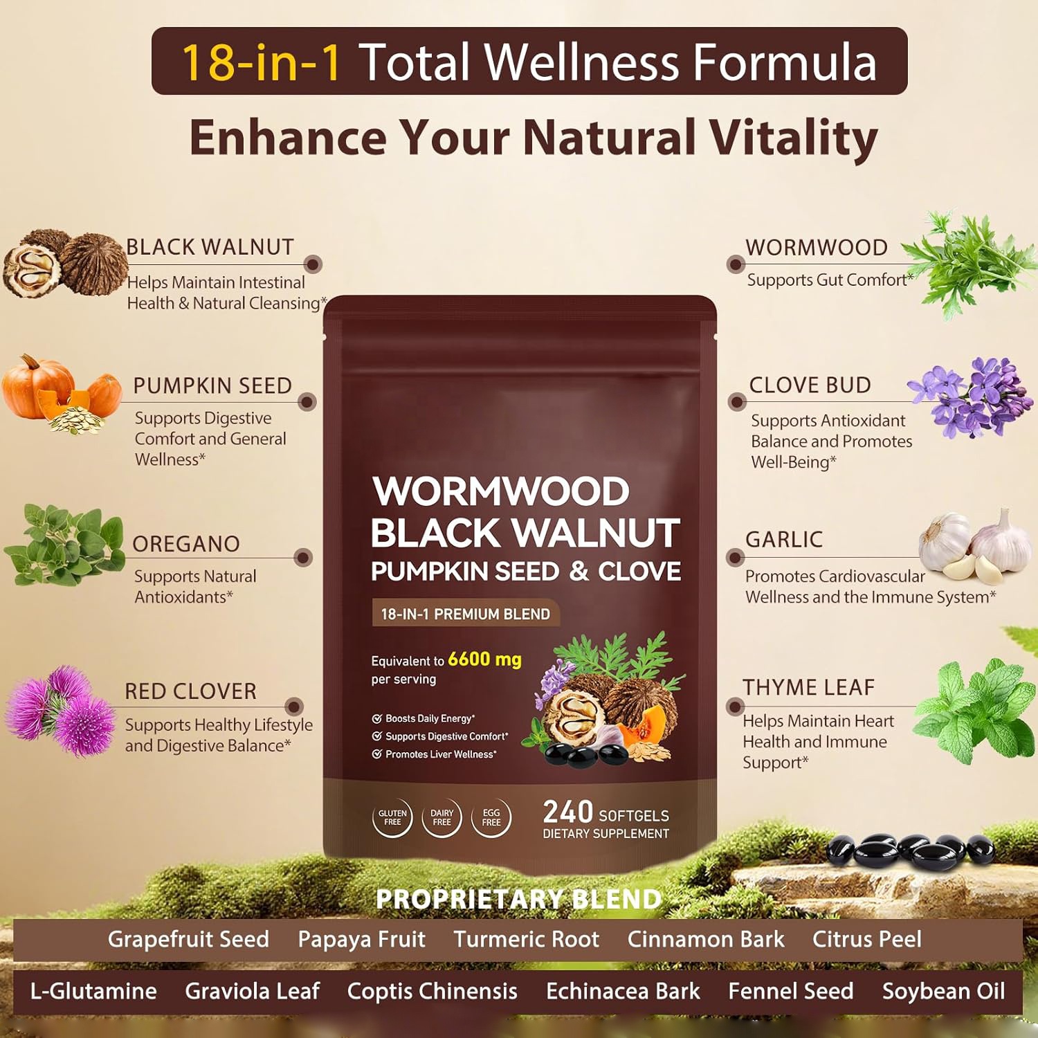 OEM 18 In 1 Wormwood Black Walnut Softgels Capsules With Pumpkin Seed, Turmeric, Garlic, Oregano Berberine Supplement
