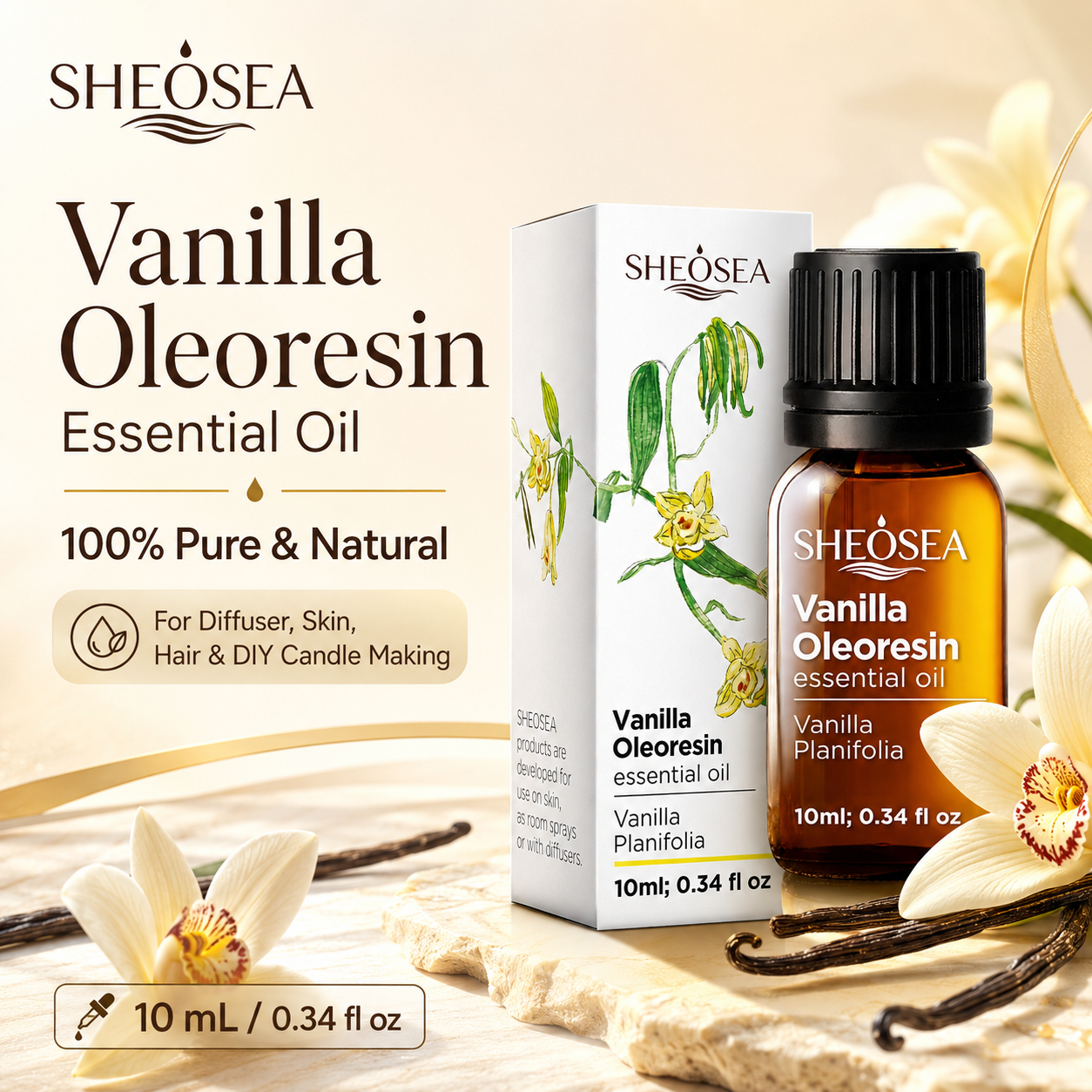 Sheosea Vanilla Oleoresin Essential Oil 10ml Natural Vanilla Planifolia Oil for Skin Massage Diffuser Aromatherapy