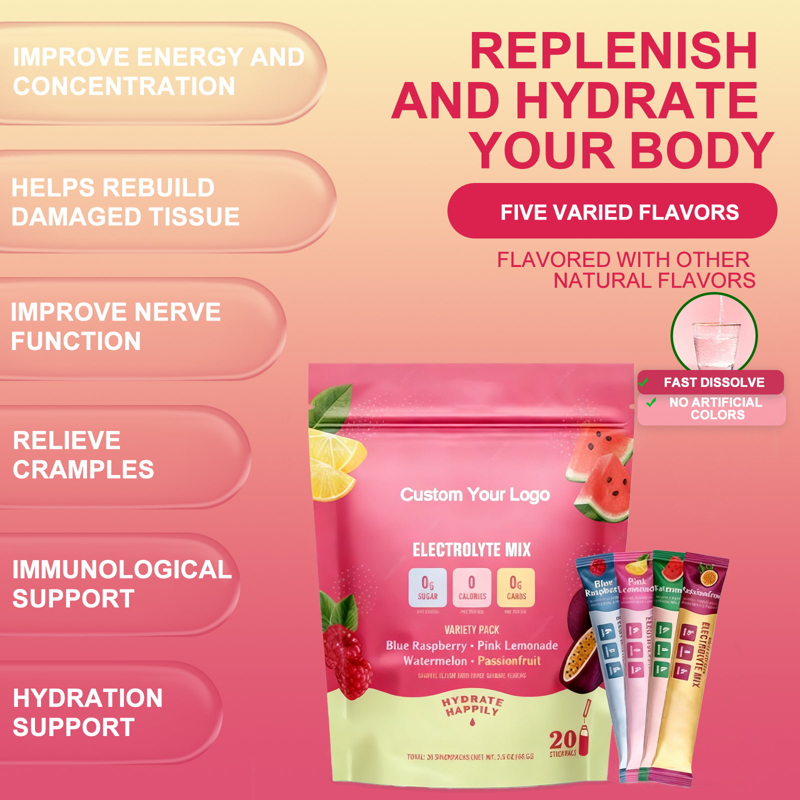 OEM ODM Private Label Adult Hydration Electrolyte Drink Powder 20 Packs Custom Logo Mix 6 Essential Electrolytes Sugar Free Food