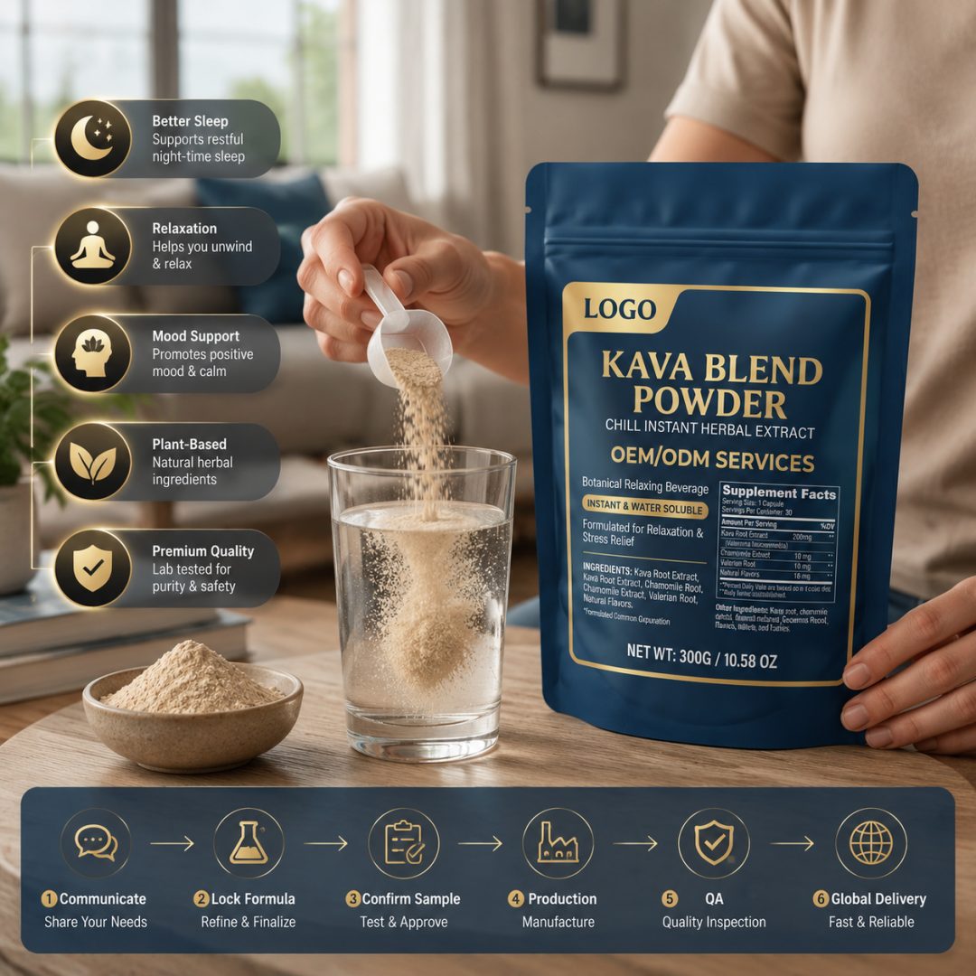 Factory Direct Instant Water Soluble OEM Private Label Botanical Relaxing Herbal Extract KavaBlend Powder for Adults Antioxidant