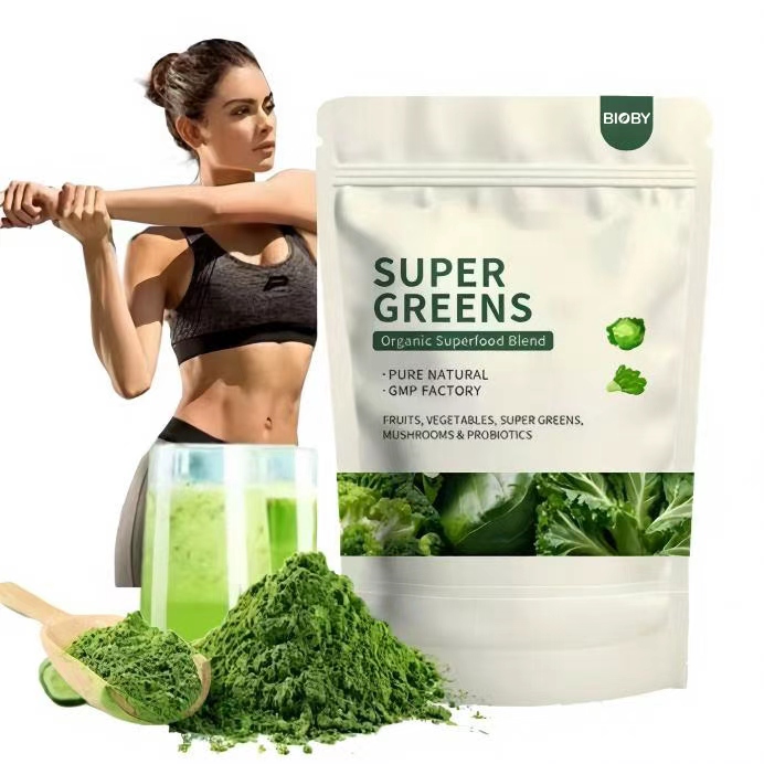 Bioby OEM Private Label Organic Super Greens Powder Fruits Mushrooms Probiotics Digestive Enzymes Detox Gut Health Daily Drink