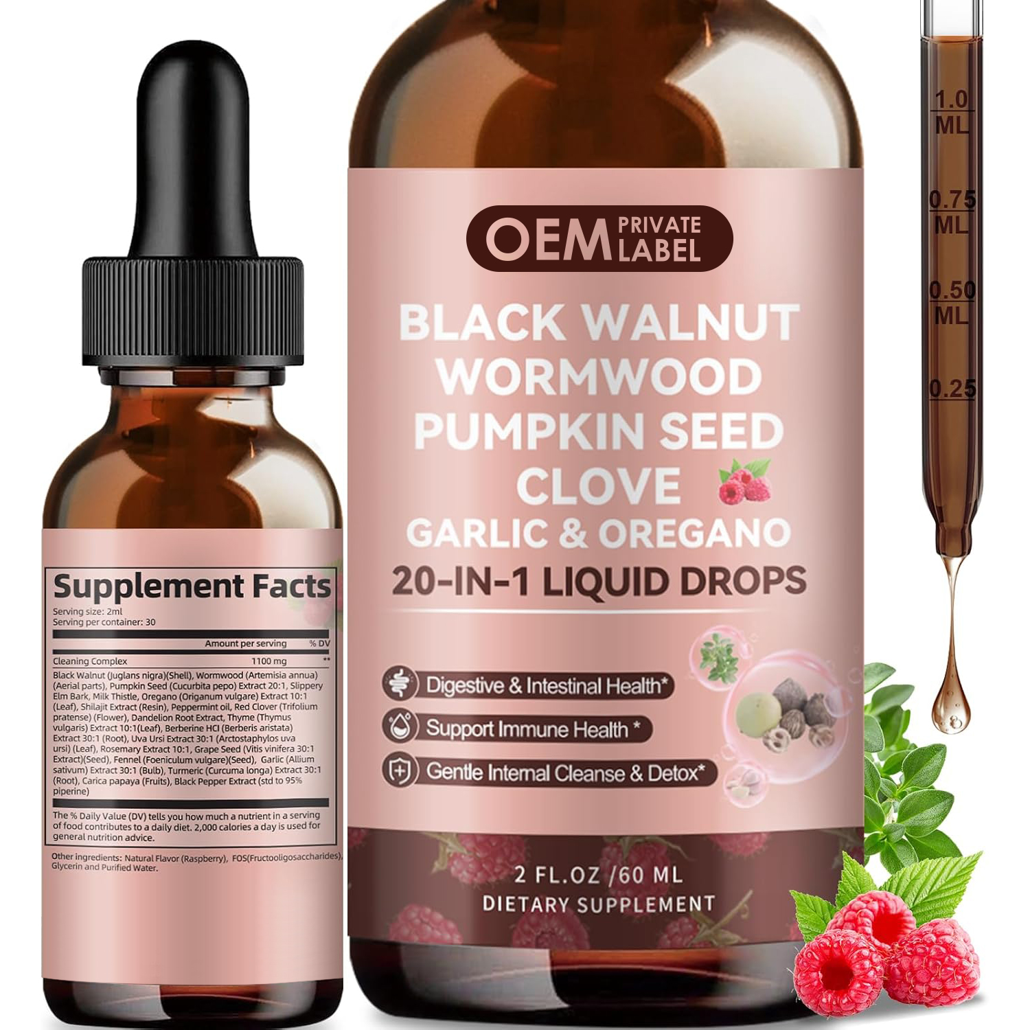OEM Black Walnut Wormwood Liquid Drops With Clove,Pumpkin Seed,Garlic,Oregano,Berberine Supplement For Gut Cleanse Digestive