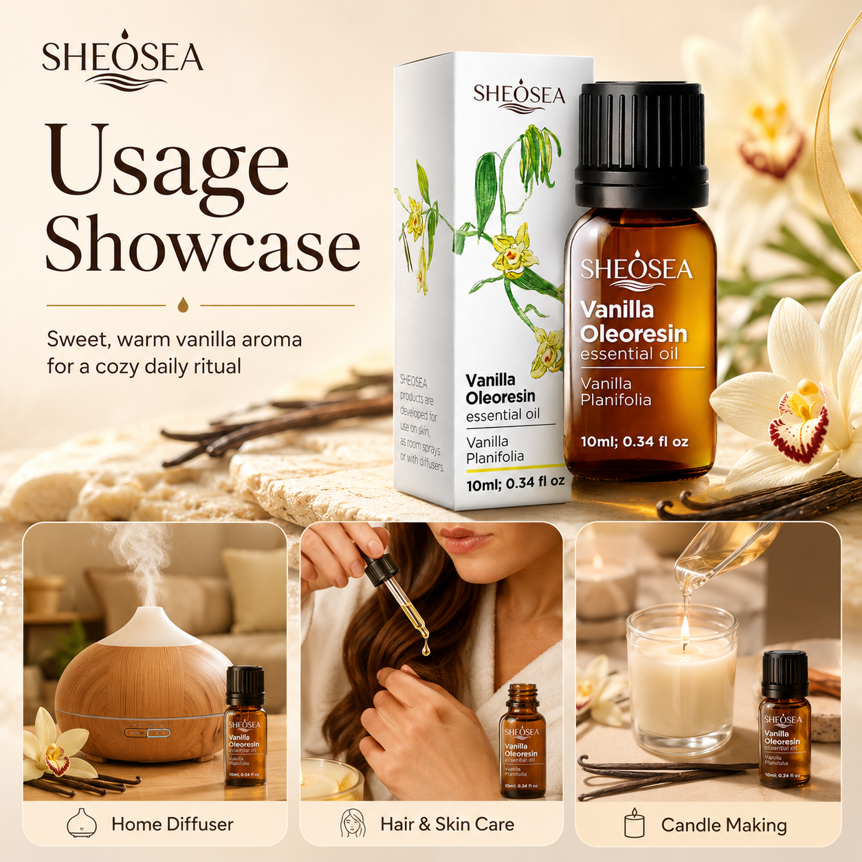 Sheosea Vanilla Oleoresin Essential Oil 10ml Natural Vanilla Planifolia Oil for Skin Massage Diffuser Aromatherapy