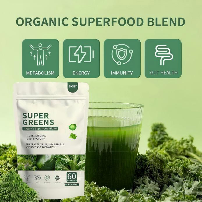 Bioby OEM Private Label Organic Super Greens Powder Fruits Mushrooms Probiotics Digestive Enzymes Detox Gut Health Daily Drink