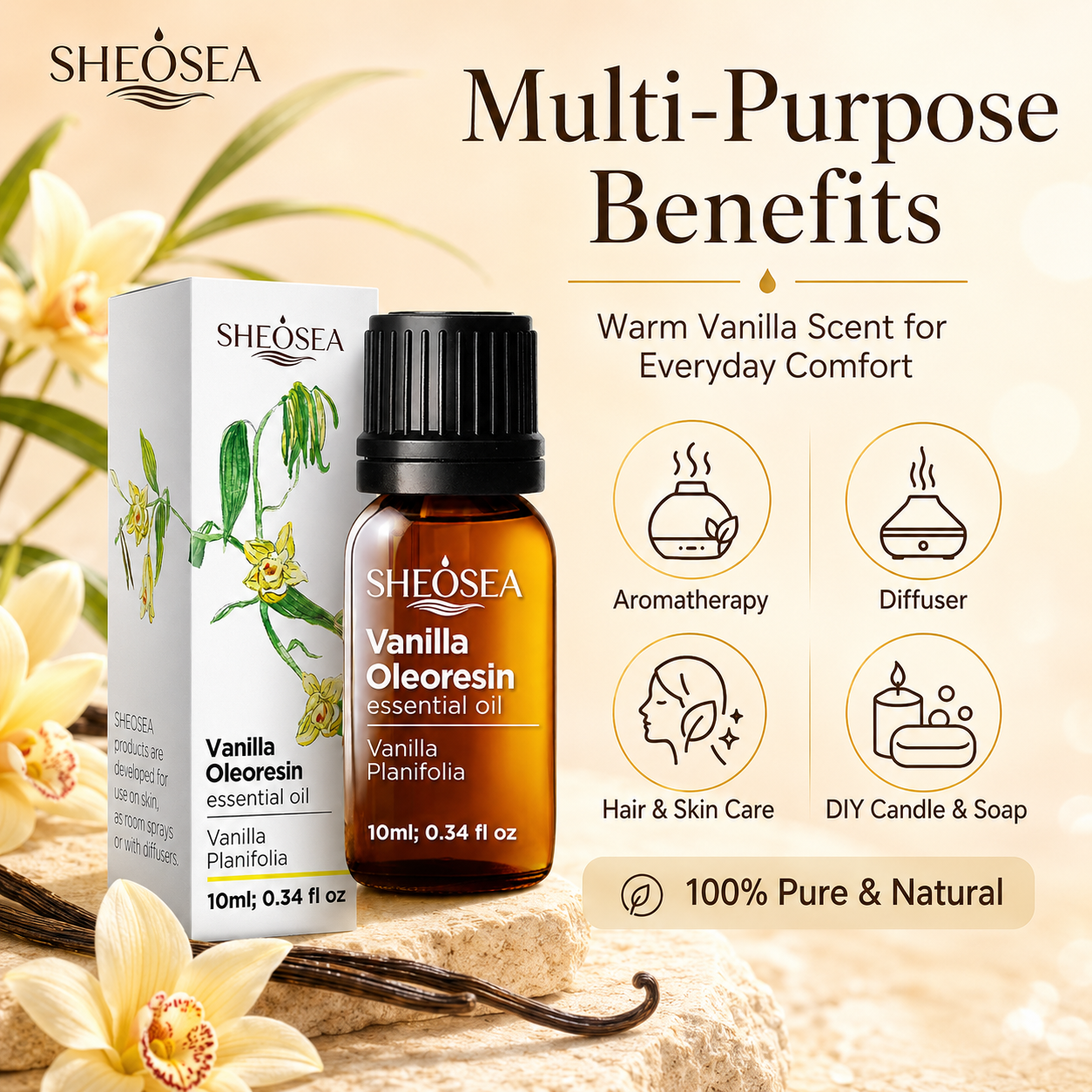 Sheosea Vanilla Oleoresin Essential Oil 10ml Natural Vanilla Planifolia Oil for Skin Massage Diffuser Aromatherapy