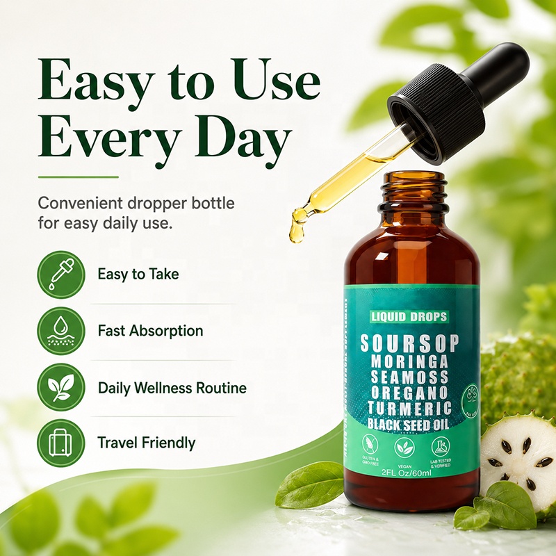 Custom Bulk Order Private Label Soursop Moringa Liquid Drops Dietary Supplement with Seamoss, Oregano, Turmeric &amp; Black Seed Oil