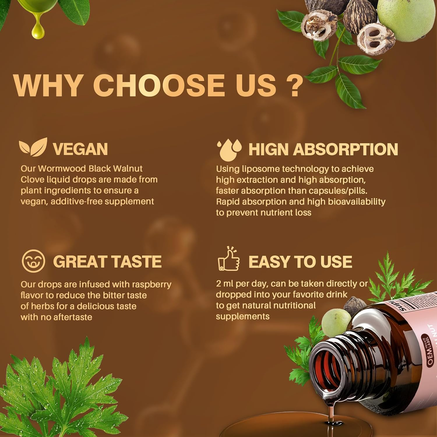OEM Black Walnut Wormwood Liquid Drops With Clove,Pumpkin Seed,Garlic,Oregano,Berberine Supplement For Gut Cleanse Digestive