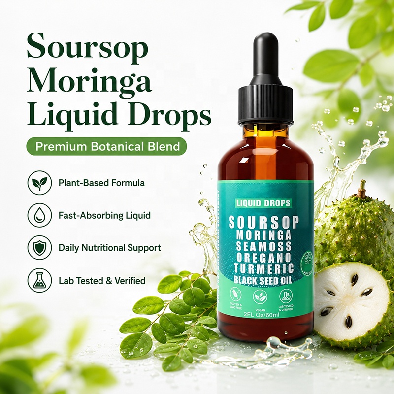 Custom Bulk Order Private Label Soursop Moringa Liquid Drops Dietary Supplement with Seamoss, Oregano, Turmeric &amp; Black Seed Oil