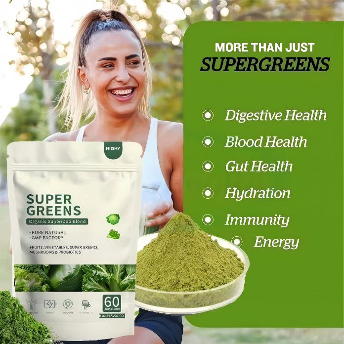 Bioby OEM Private Label Organic Super Greens Powder Fruits Mushrooms Probiotics Digestive Enzymes Detox Gut Health Daily Drink