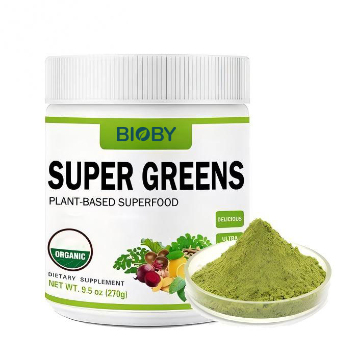 Bioby OEM Private Label Organic Super Greens Powder Fruits Mushrooms Probiotics Digestive Enzymes Detox Gut Health Daily Drink