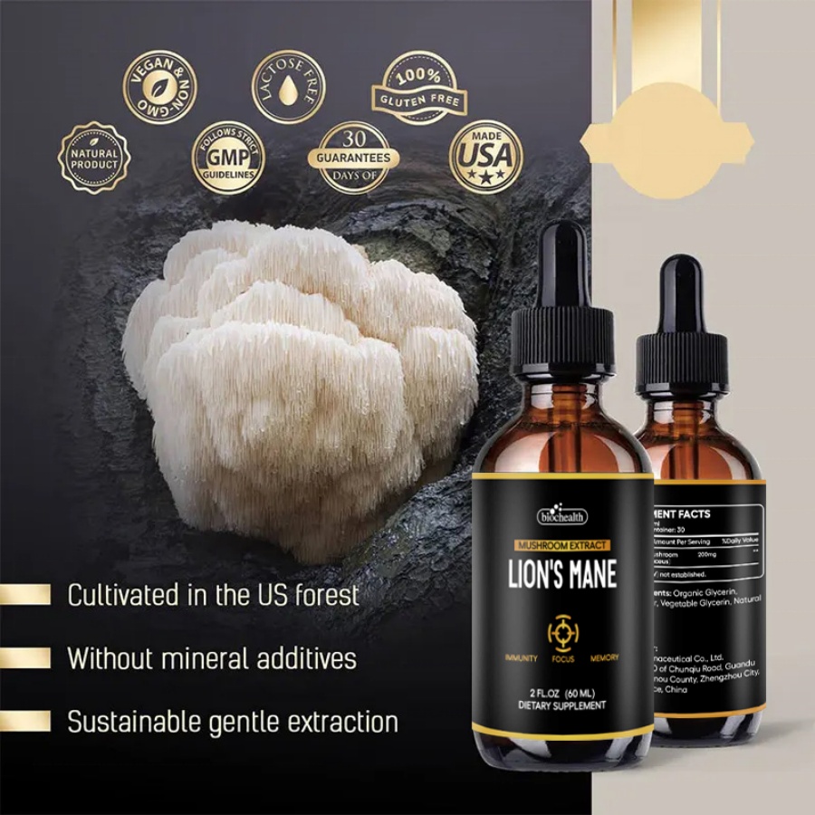 Organic Lions Mane Liquid Drops Brain Supplement For Memory &amp; Focus Reishi Mushroom Complex Supplement Nootropics Brain Booster