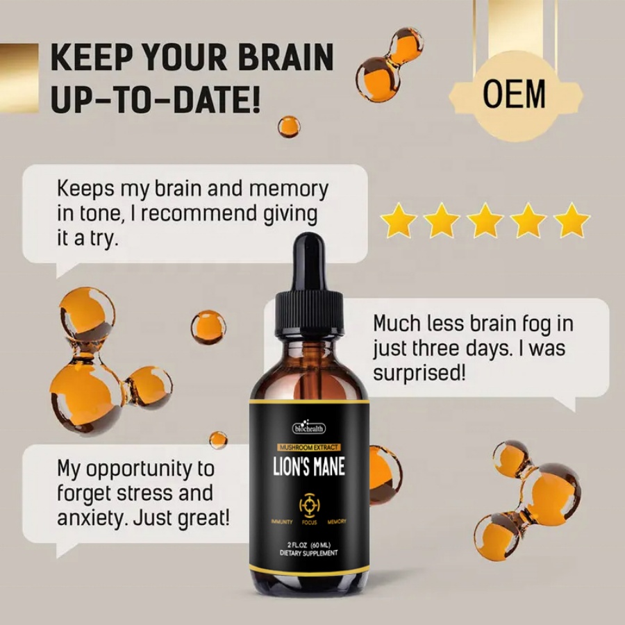 Organic Lions Mane Liquid Drops Brain Supplement For Memory &amp; Focus Reishi Mushroom Complex Supplement Nootropics Brain Booster