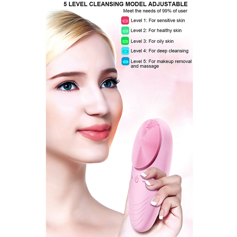 High-tech 5 Modes Electric Facial Cleansing Brush IPX7 Waterproof Rechargeable Exfoliating and Massaging Silicone Face Scrubber