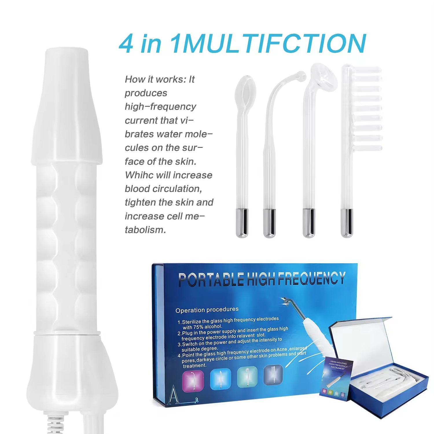 Portable High Frequency Facial Beauty Tool Handheld Skin Care Wand for Acne Treatment Targeted on Head Area