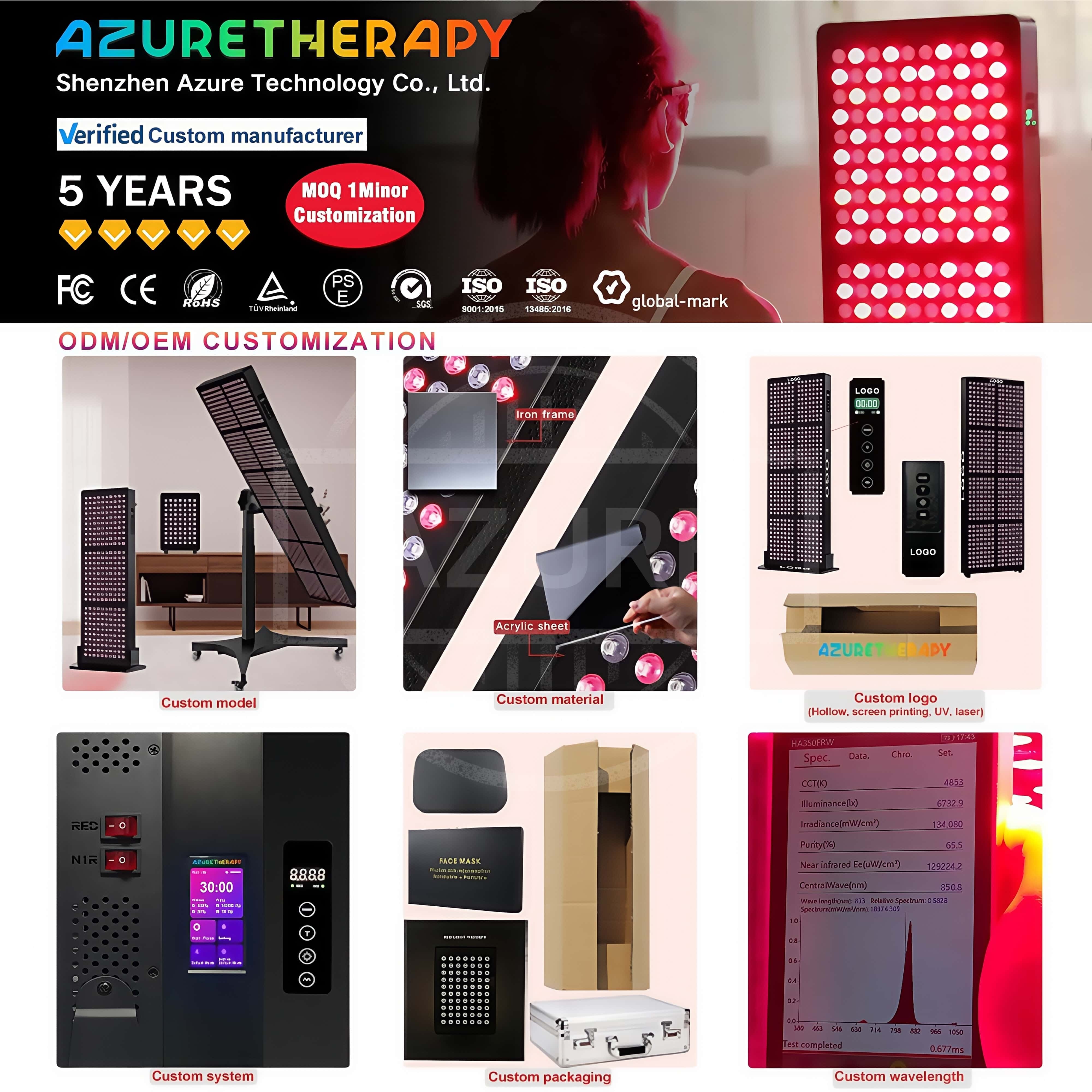 AZURE Home Use Full Body Face Beauty Device Led Red Light Therapy Panel Customizable OEM/ODM For Head Hand Treatment US IT ZA CN