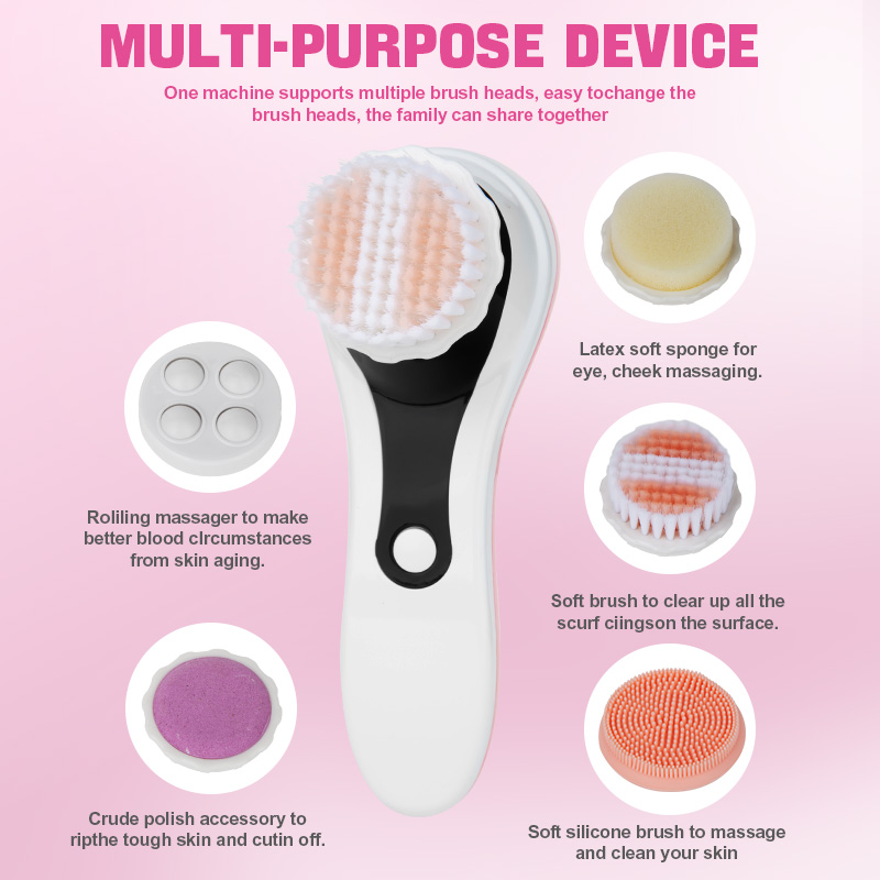 5-in-1 USB Rechargeable Electric Silicone Facial Cleansing Brush Pore Exfoliating Massage Face Washing Scrubber With Five Head
