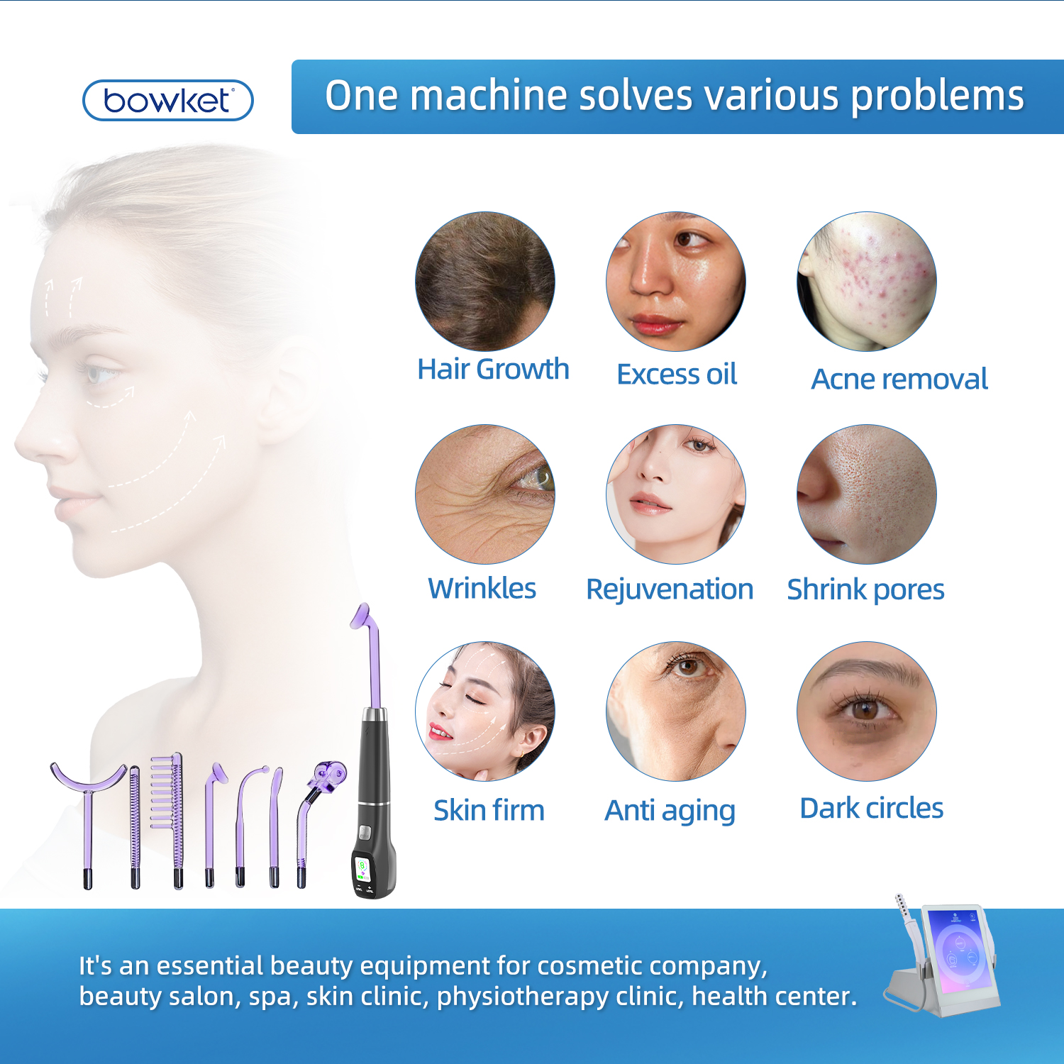 BOWEKT 7-in-1 High Frequency Neon &amp; Argon Facial Wand Handheld Beauty Tool for Acne Treatment Firming &amp; Dark Circles Reduction