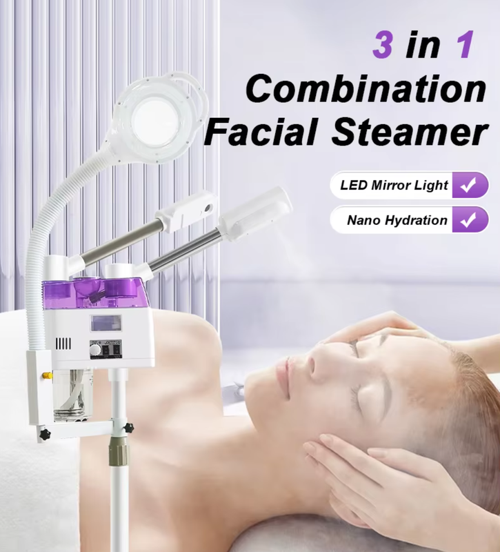 2026 3-in-1 Hot Cold Facial Steamer, Nano Ionic Ozone Steam with 8x Magnifying Lamp for Salon Home Spa