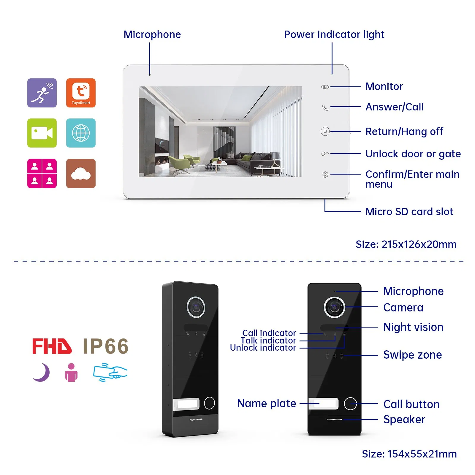TCP/IP 7" Touch Screen WiFi Tuya Smart Intercom System with RFID Unlock Villa Video Doorphone Kit